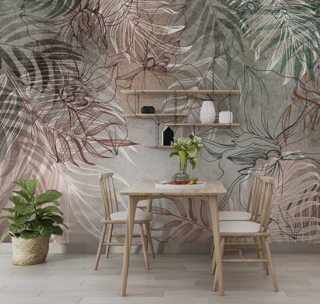 Orchid Shadow Leaves Wallpaper : Concrete Line Palm Mural - View 4