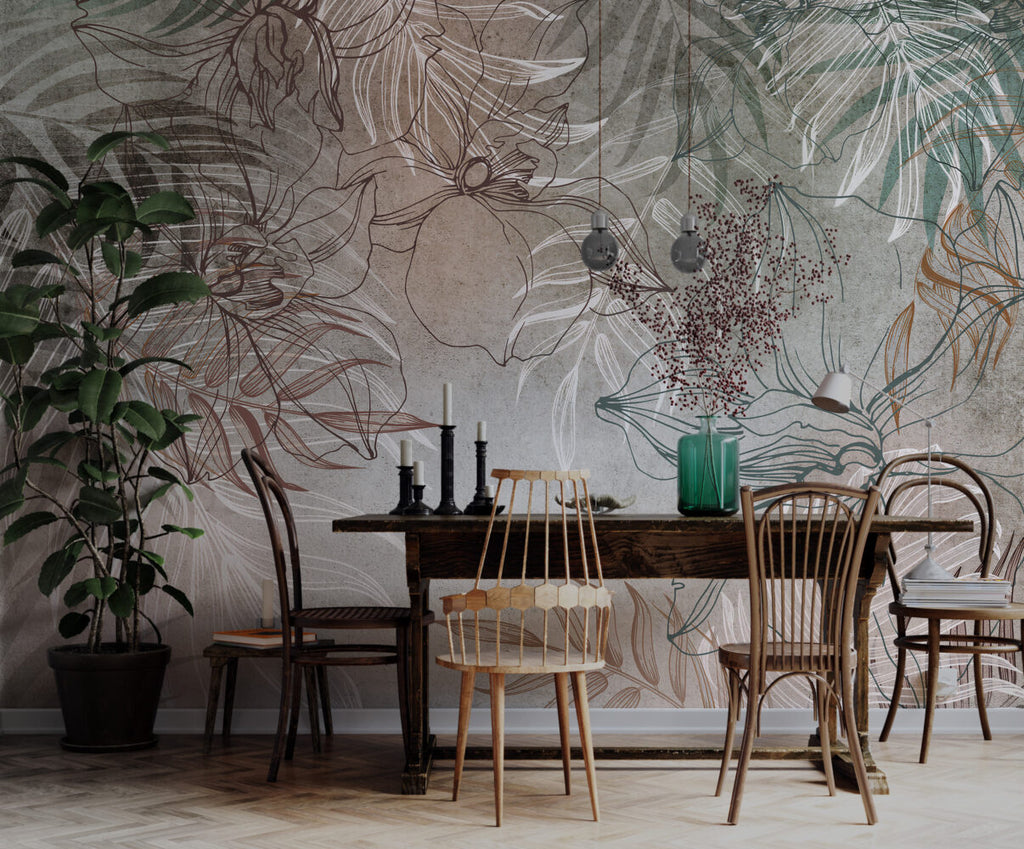 Orchid Shadow Leaves Wallpaper : Concrete Line Palm Mural