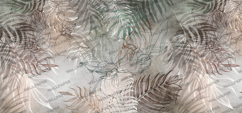 Orchid Shadow Leaves Wallpaper : Concrete Line Palm Mural - flat design