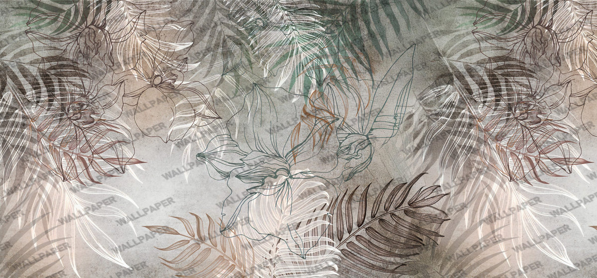 Orchid Shadow Leaves Wallpaper : Concrete Line Palm Mural - flat design