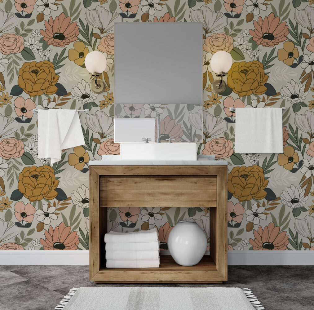 Retro Daisy Wallpaper : Peach and Mustard Flower Pattern Mural - View 2