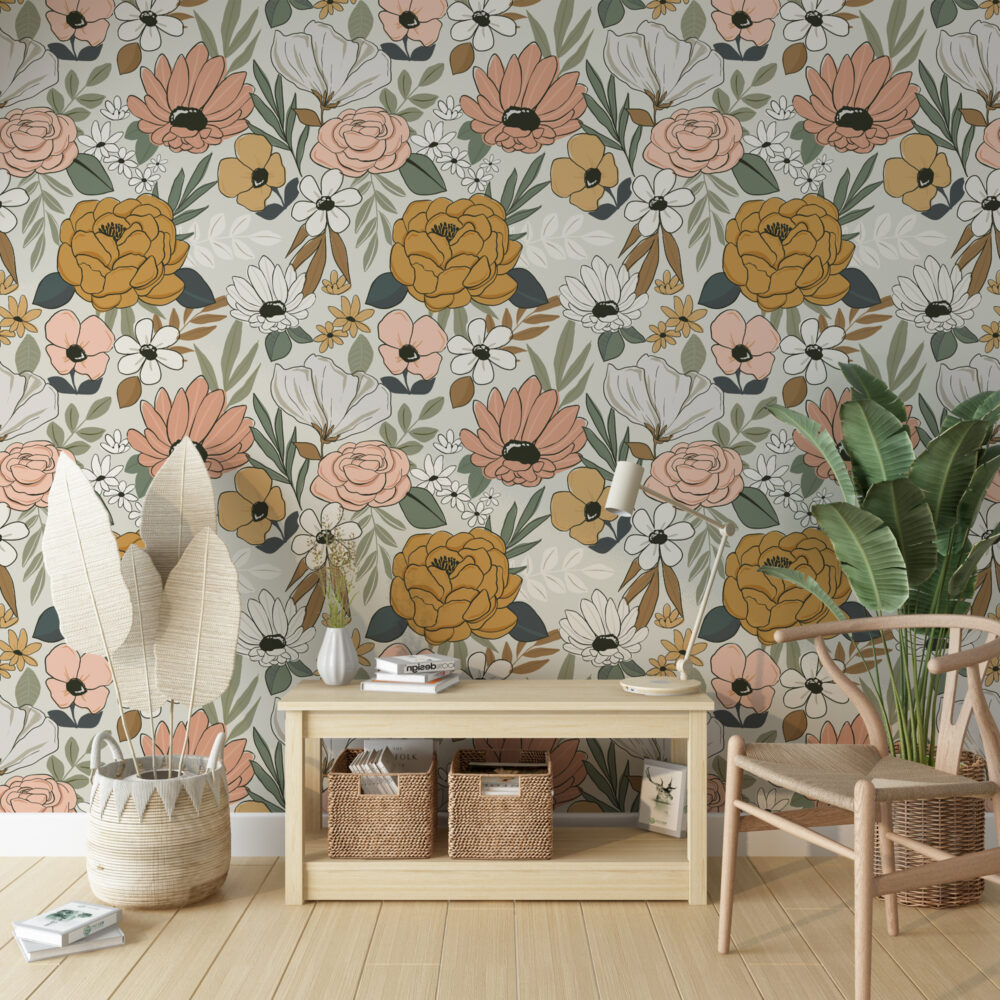 Retro Daisy Wallpaper : Peach and Mustard Flower Pattern Mural - View 3