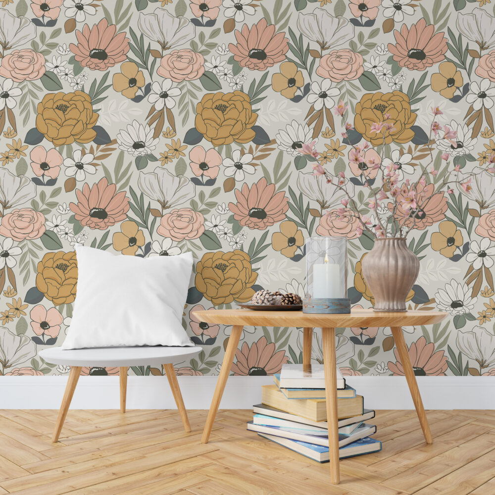 Retro Daisy Wallpaper : Peach and Mustard Flower Pattern Mural
