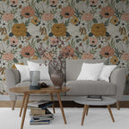 Retro Daisy Wallpaper : Peach and Mustard Flower Pattern Mural - View 4