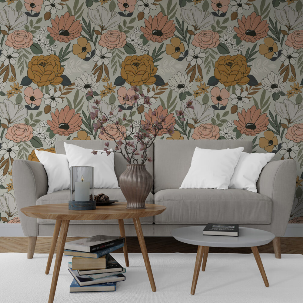 Retro Daisy Wallpaper : Peach and Mustard Flower Pattern Mural - View 4