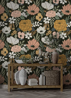 Retro Floral Wallpaper : Peach and Mustard Blooms on Black - View 3
