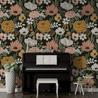 Retro Floral Wallpaper : Peach and Mustard Blooms on Black - View 4