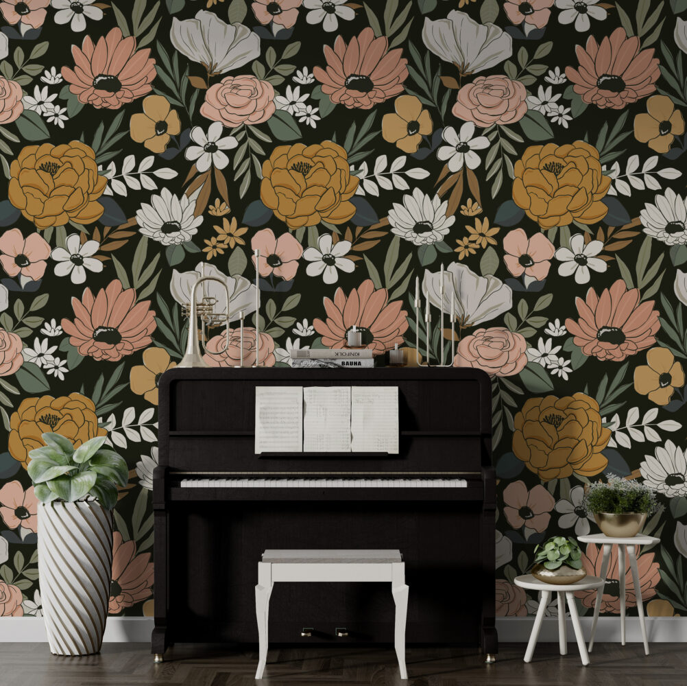 Retro Floral Wallpaper : Peach and Mustard Blooms on Black - View 4