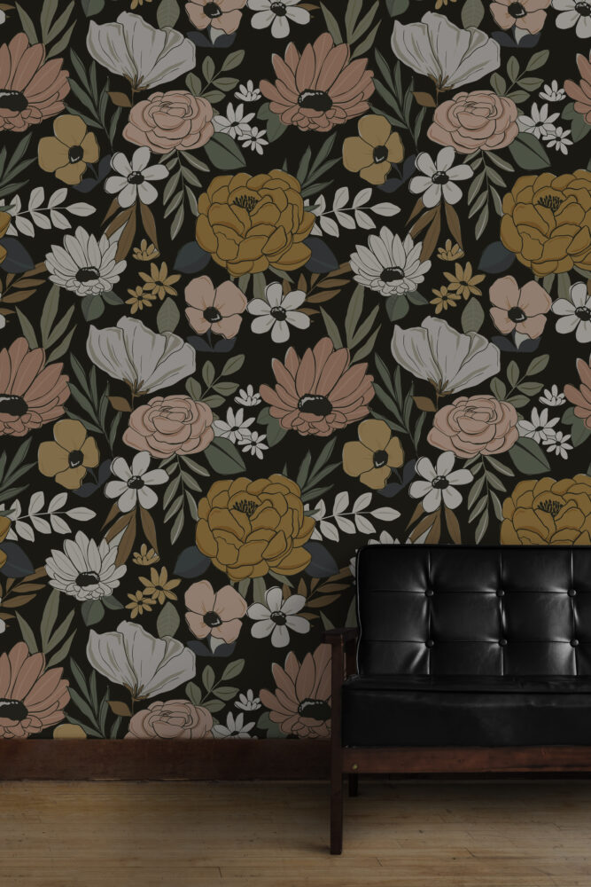 Retro Floral Wallpaper : Peach and Mustard Blooms on Black - View 5