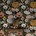 Retro Floral Wallpaper : Peach and Mustard Blooms on Black