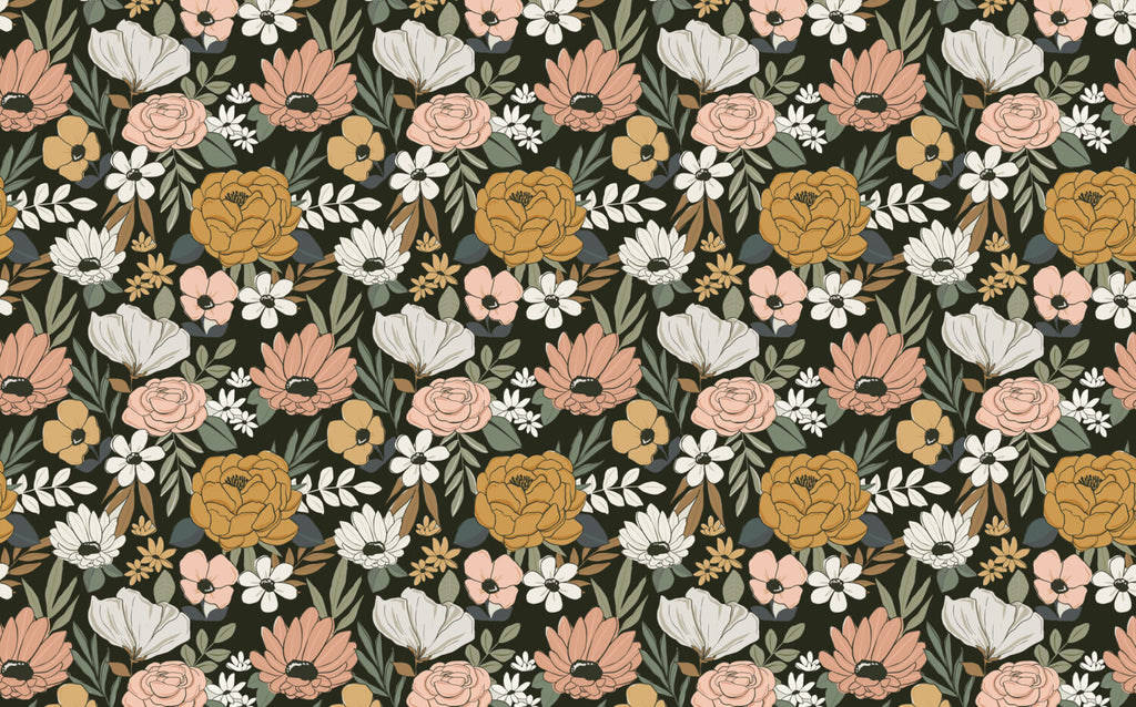 Retro Floral Wallpaper : Peach and Mustard Blooms on Black - View 2
