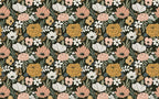 Retro Floral Wallpaper : Peach and Mustard Blooms on Black - View 2