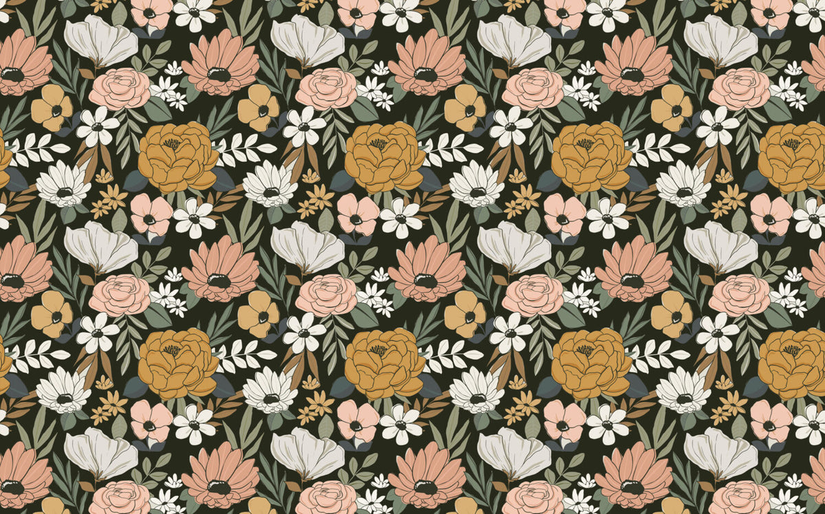 Retro Floral Wallpaper : Peach and Mustard Blooms on Black - View 2