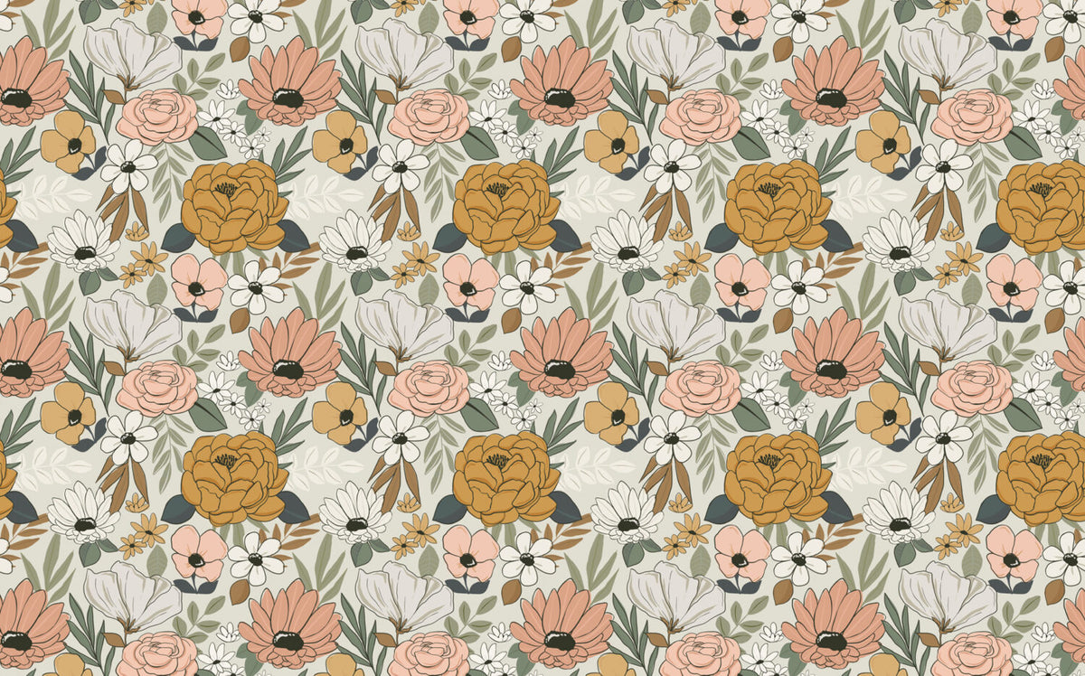 Retro Daisy Wallpaper : Peach and Mustard Flower Pattern Mural - flat design