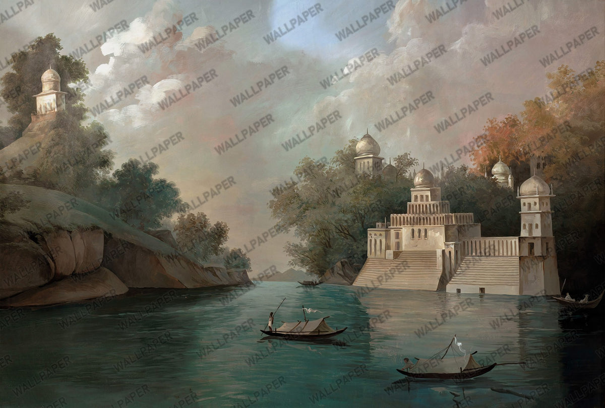 Classical Lake Wallpaper : Historic Ruins Landscape Mural - View 2