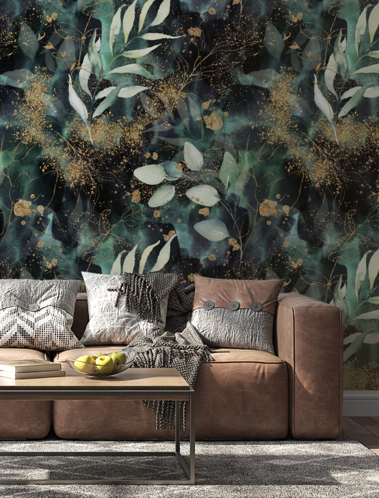 Dark Green Gold Leaf Wallpaper : Eucalyptus on Black Pattern Mural - View 2