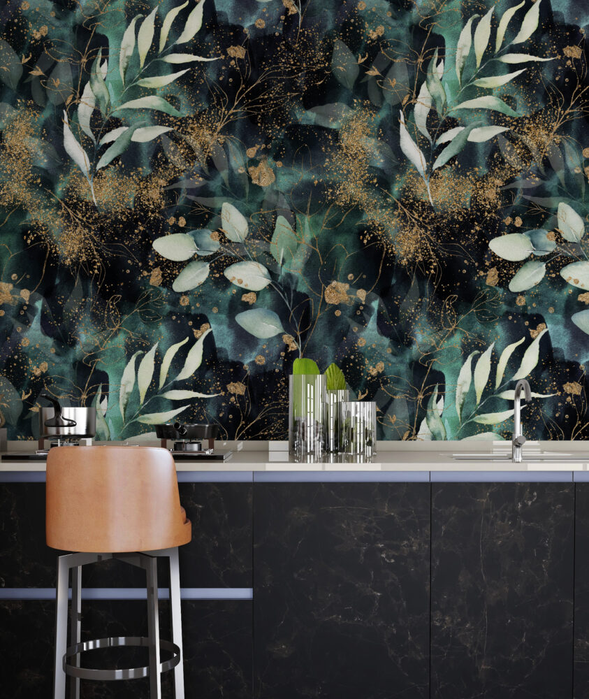 Dark Green Gold Leaf Wallpaper : Eucalyptus on Black Pattern Mural - View 3