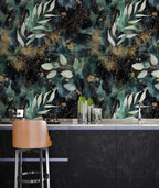 Dark Green Gold Leaf Wallpaper : Eucalyptus on Black Pattern Mural - View 3