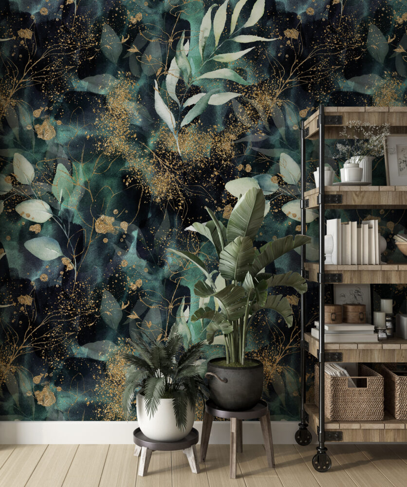 Dark Green Gold Leaf Wallpaper : Eucalyptus on Black Pattern Mural - View 4