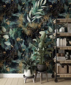 Dark Green Gold Leaf Wallpaper : Eucalyptus on Black Pattern Mural - View 4