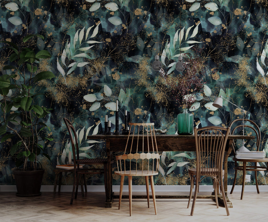Dark Green Gold Leaf Wallpaper : Eucalyptus on Black Pattern Mural