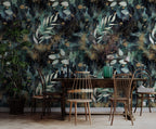 Dark Green Gold Leaf Wallpaper : Eucalyptus on Black Pattern Mural
