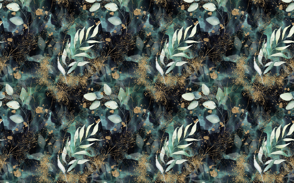 Dark Green Gold Leaf Wallpaper : Eucalyptus on Black Pattern Mural - flat design