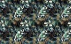 Dark Green Gold Leaf Wallpaper : Eucalyptus on Black Pattern Mural - flat design