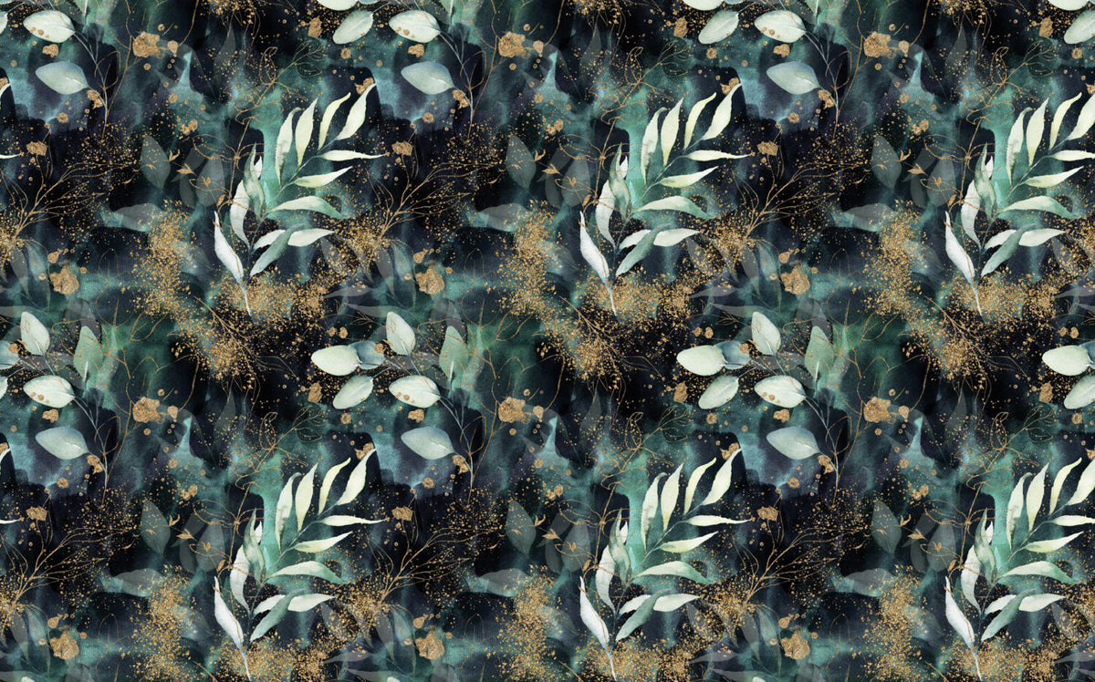 Dark Green Gold Leaf Wallpaper : Eucalyptus on Black Pattern Mural - flat design
