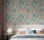 Botanical Garden Wallpaper : Soft Coral and Teal Floral Pattern Mural - View 2