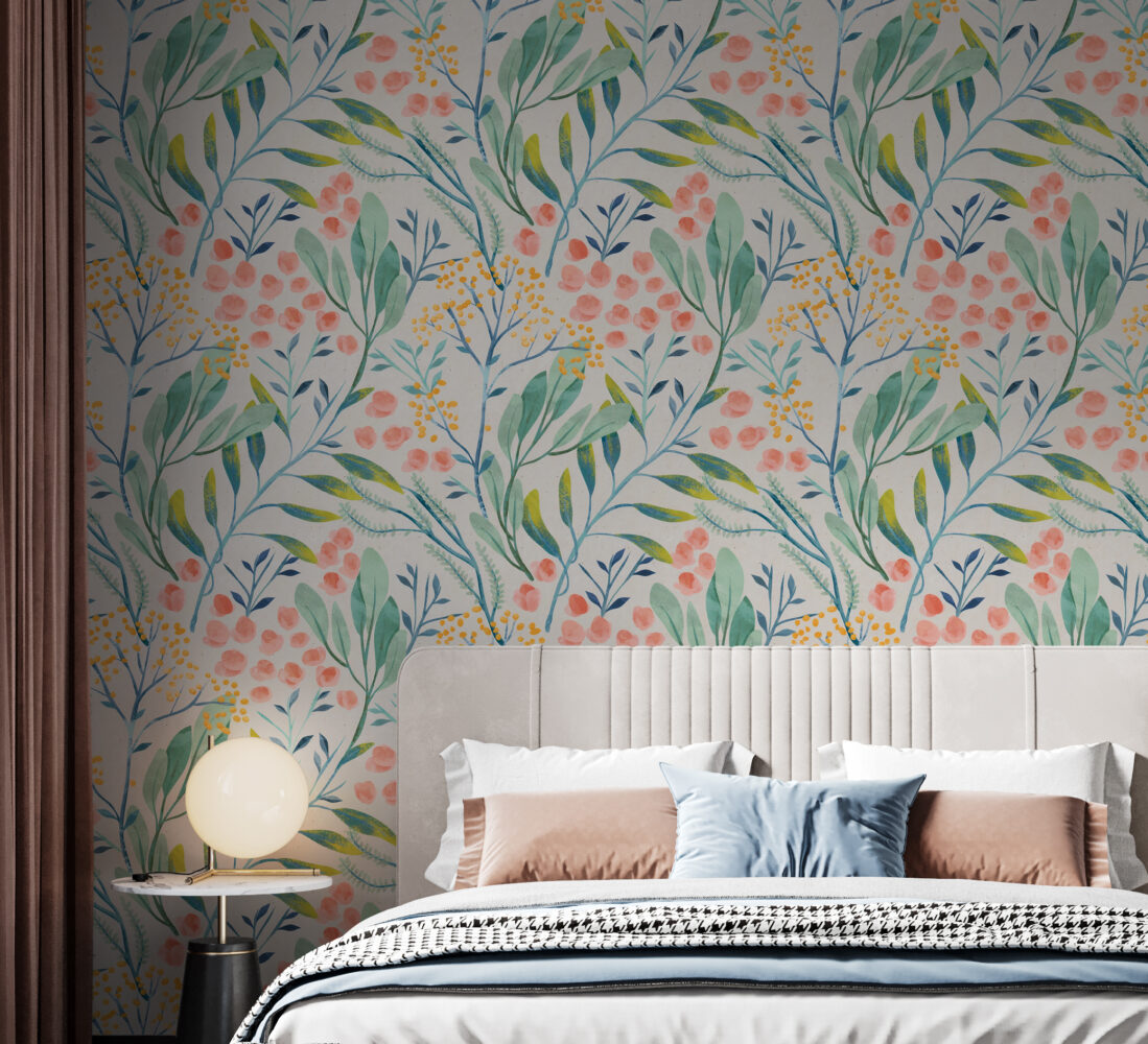 Botanical Garden Wallpaper : Soft Coral and Teal Floral Pattern Mural - View 2