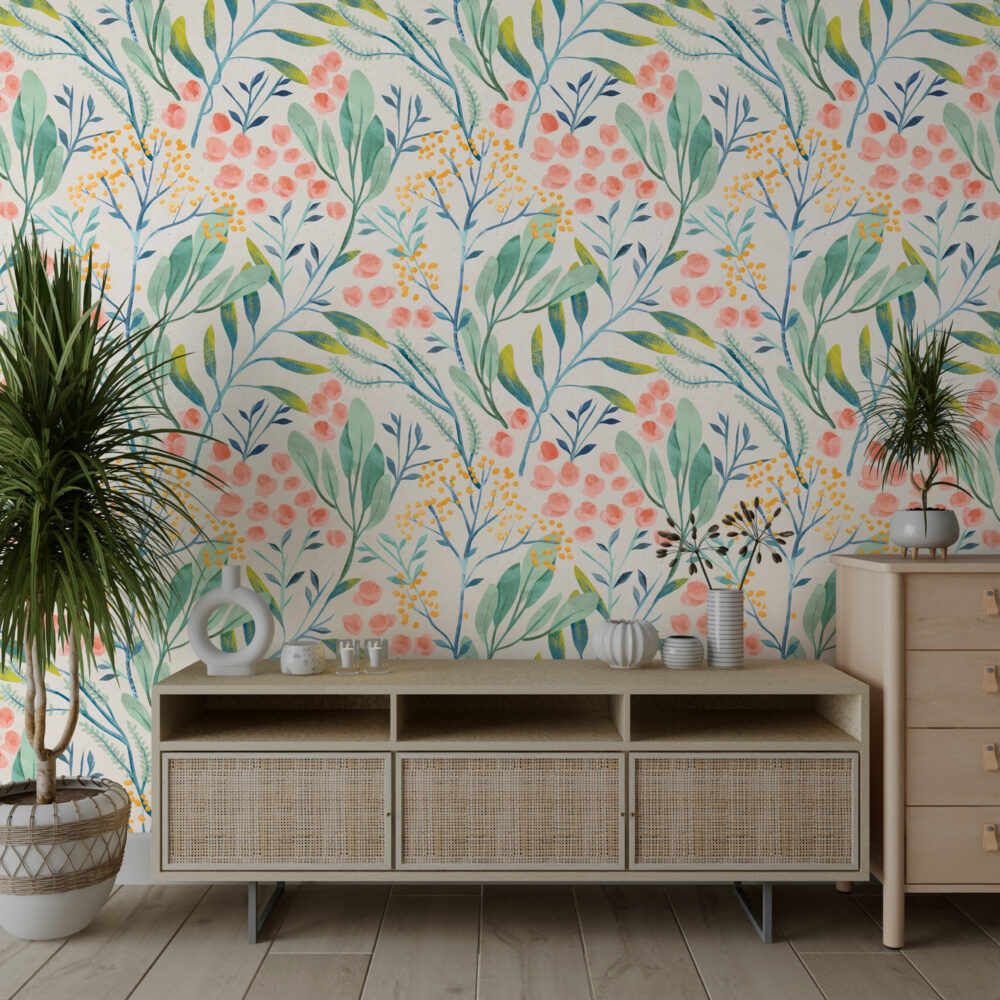 Botanical Garden Wallpaper : Soft Coral and Teal Floral Pattern Mural - View 3
