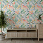 Botanical Garden Wallpaper : Soft Coral and Teal Floral Pattern Mural - View 3
