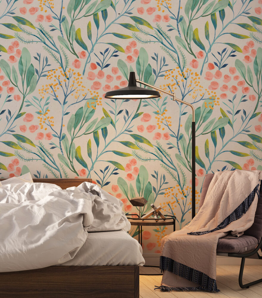Botanical Garden Wallpaper : Soft Coral and Teal Floral Pattern Mural - View 4