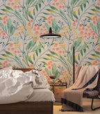 Botanical Garden Wallpaper : Soft Coral and Teal Floral Pattern Mural - View 4