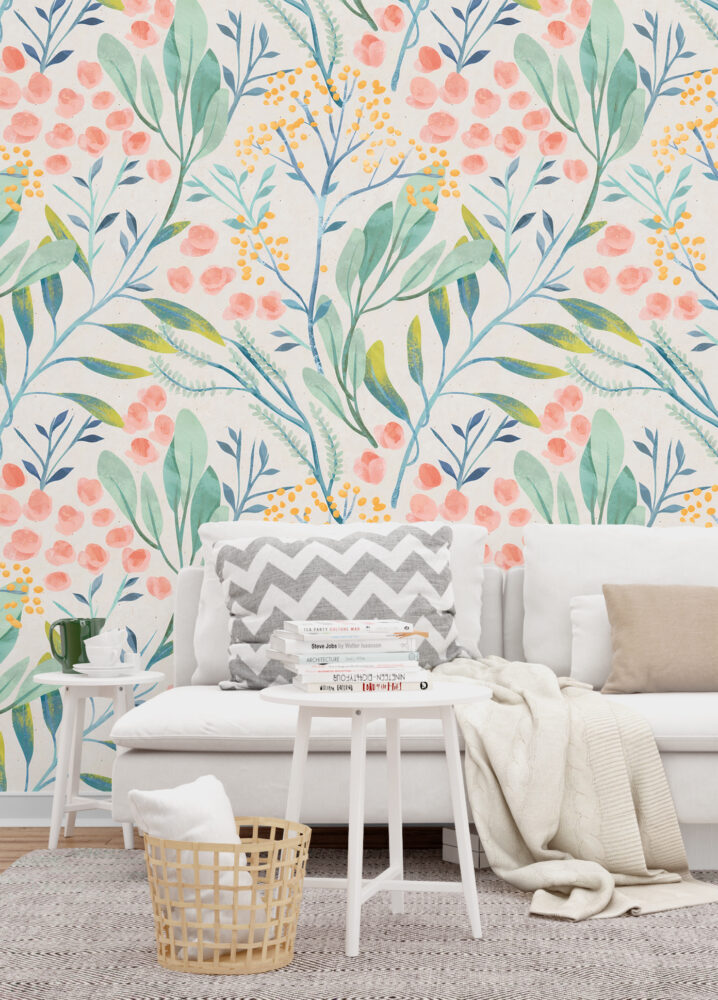 Botanical Garden Wallpaper : Soft Coral and Teal Floral Pattern Mural