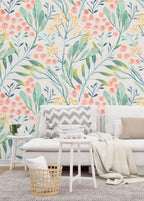 Botanical Garden Wallpaper : Soft Coral and Teal Floral Pattern Mural