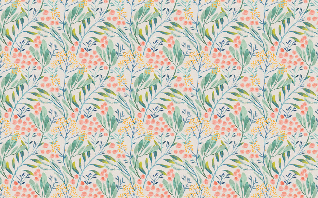 Botanical Garden Wallpaper : Soft Coral and Teal Floral Pattern Mural - flat design