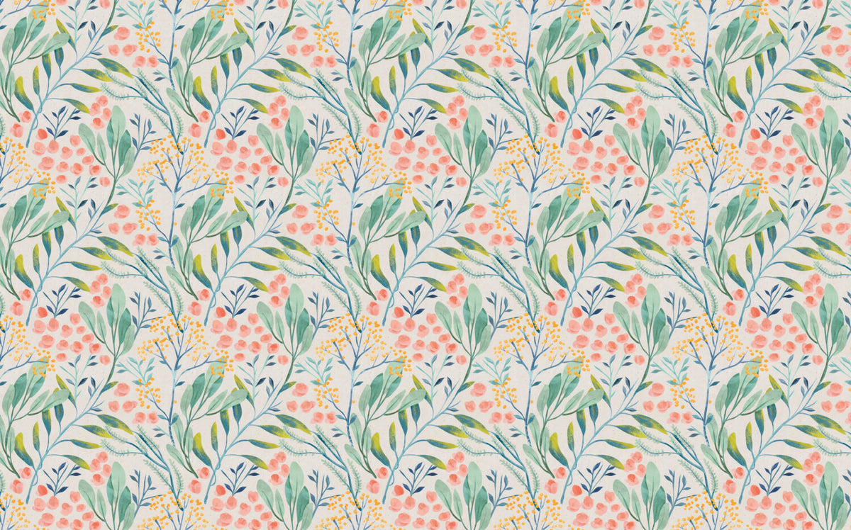 Botanical Garden Wallpaper : Soft Coral and Teal Floral Pattern Mural - flat design
