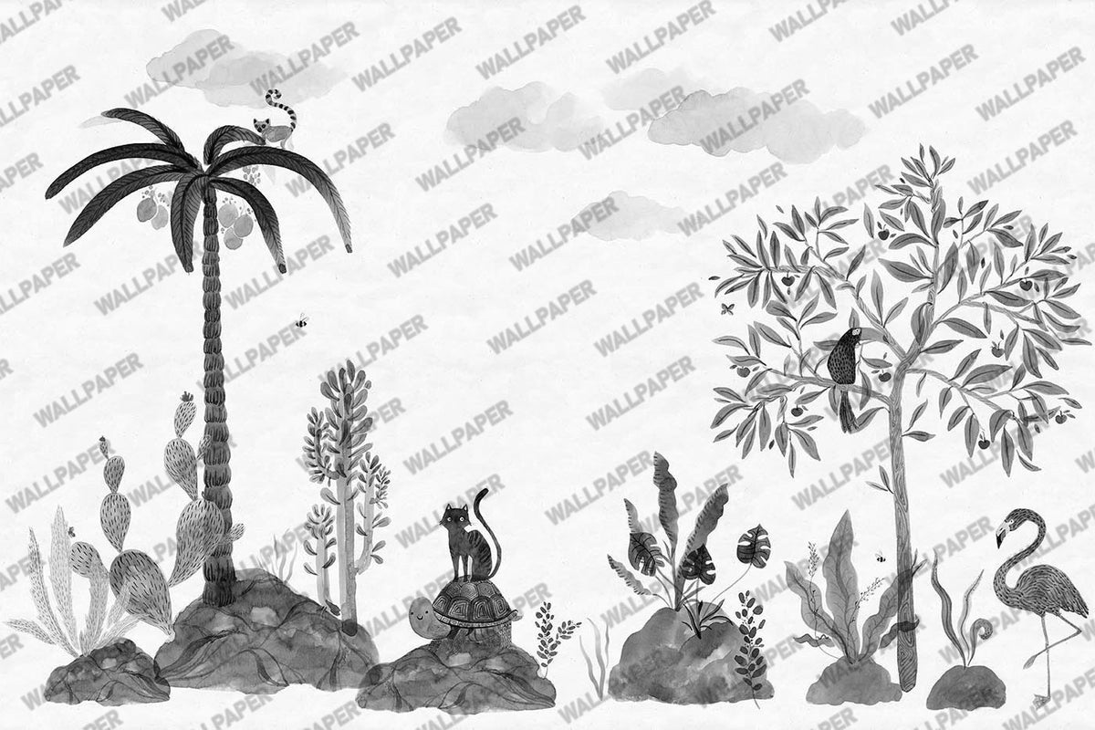Monochrome Animal Sketch Wallpaper : Kids Jungle Drawing Mural - flat design