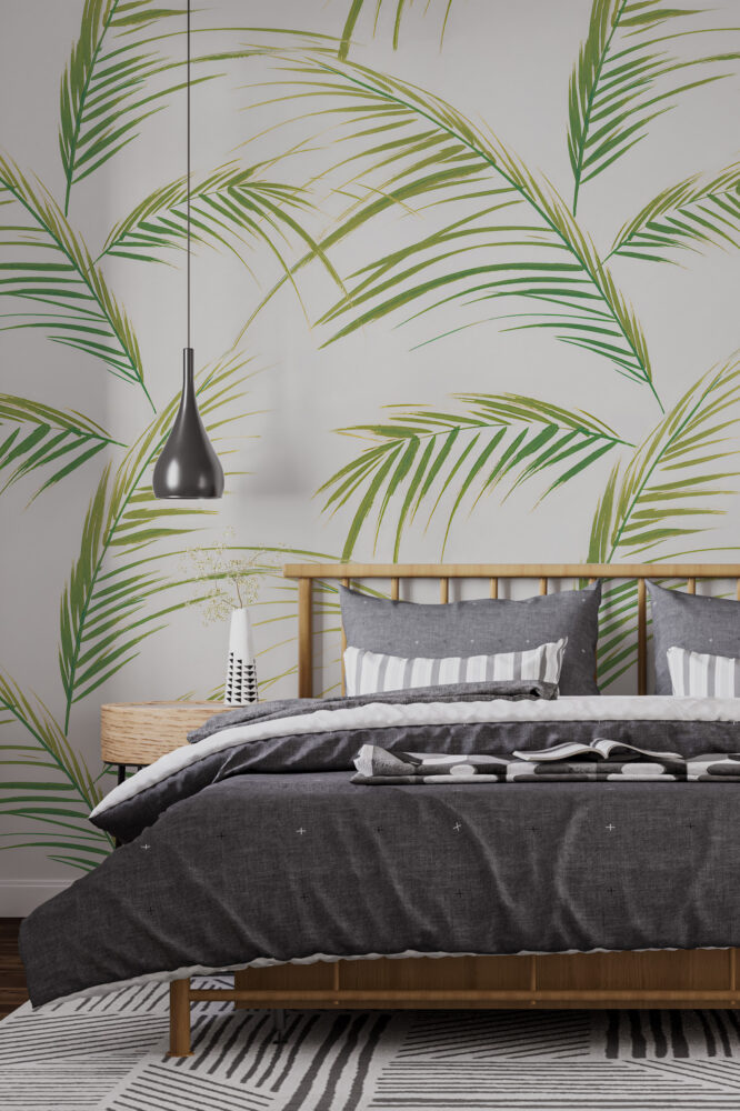 Green Bamboo Leaves Wallpaper : Fresh Palm Frond Pattern