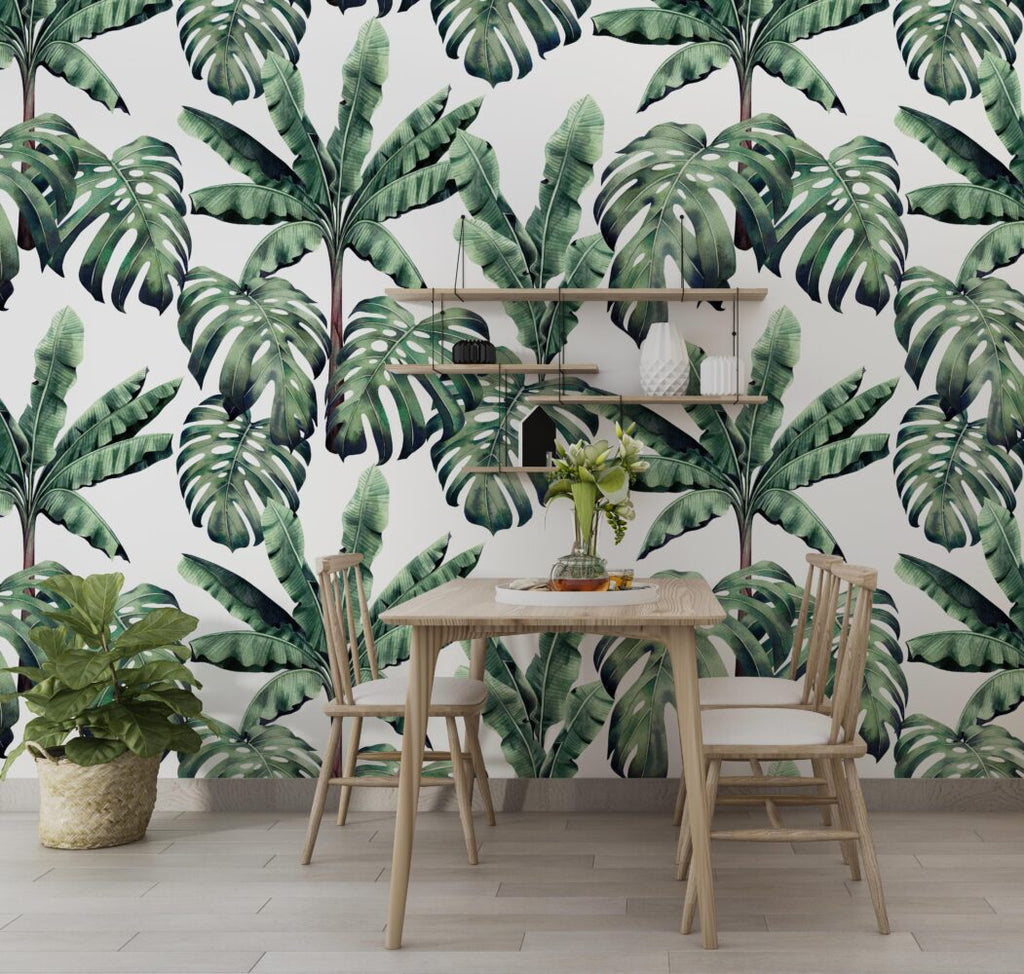 Monstera and Banana Leaf Wallpaper : Green Tropical Pattern on White Mural - View 2