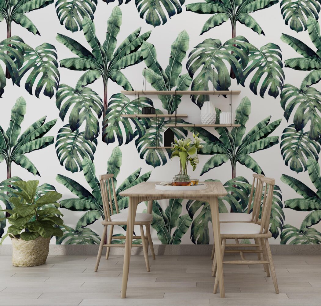 Monstera and Banana Leaf Wallpaper : Green Tropical Pattern on White Mural - View 2