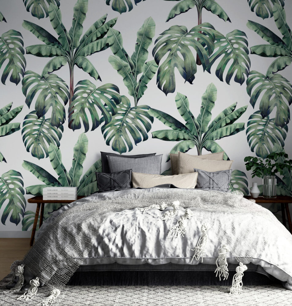 Monstera and Banana Leaf Wallpaper : Green Tropical Pattern on White Mural - View 3