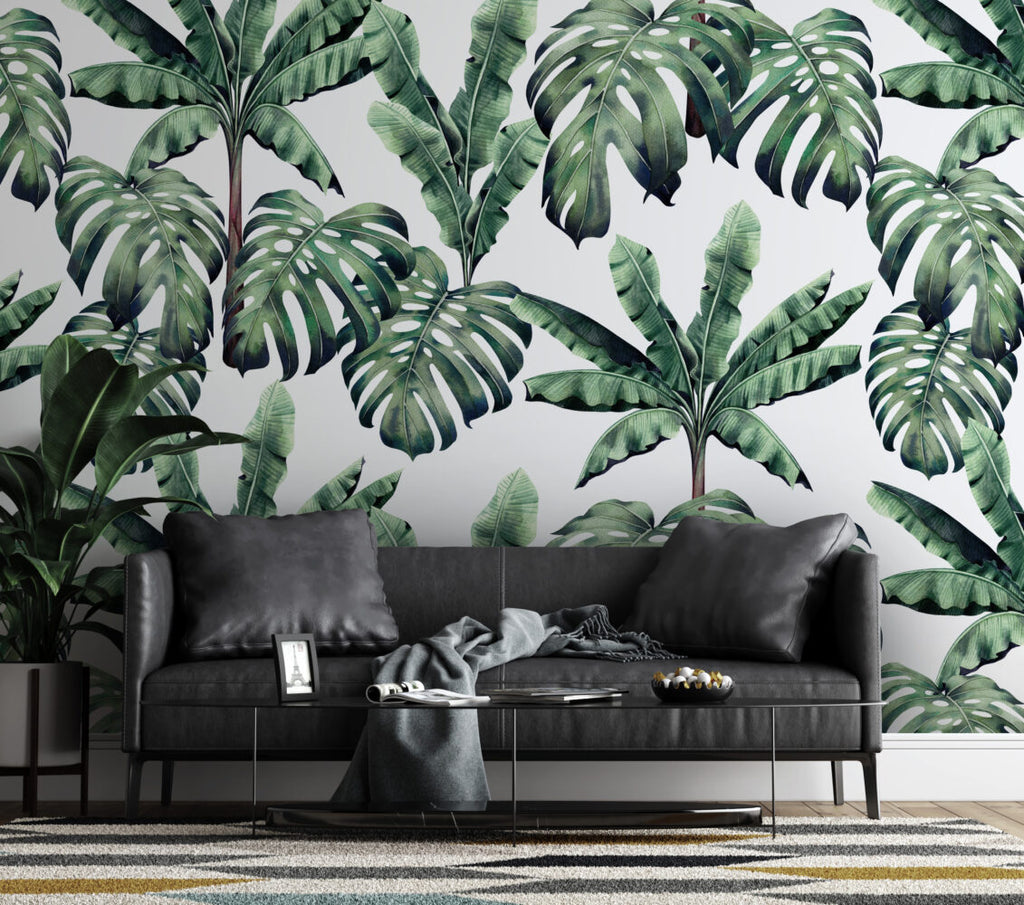 Monstera and Banana Leaf Wallpaper : Green Tropical Pattern on White Mural - View 4