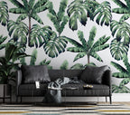 Monstera and Banana Leaf Wallpaper : Green Tropical Pattern on White Mural - View 4