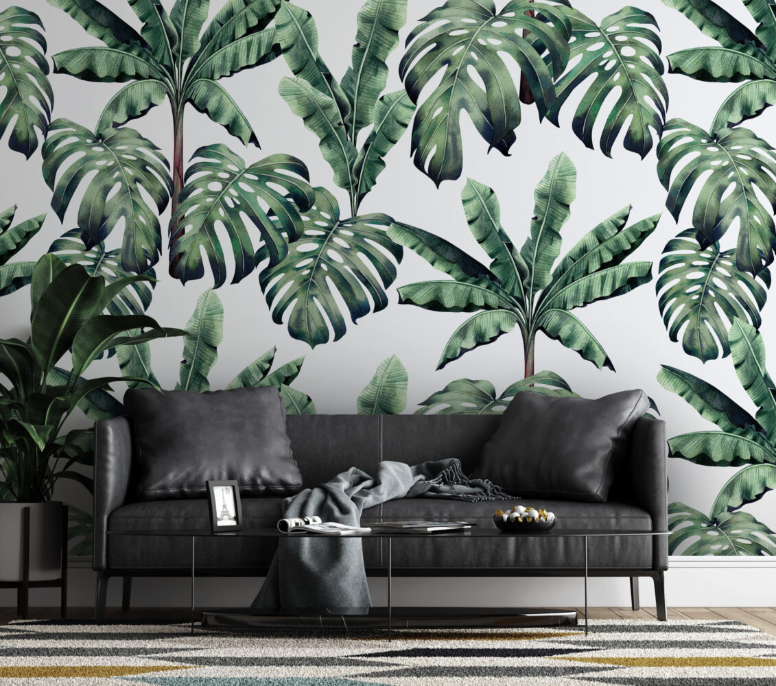 Monstera and Banana Leaf Wallpaper : Green Tropical Pattern on White Mural - View 4