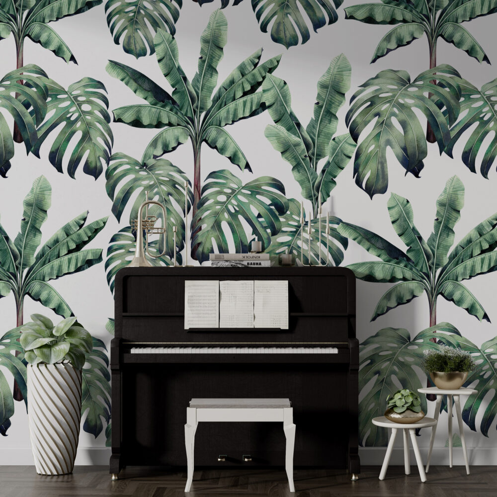 Monstera and Banana Leaf Wallpaper : Green Tropical Pattern on White Mural