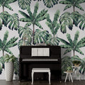 Monstera and Banana Leaf Wallpaper : Green Tropical Pattern on White Mural