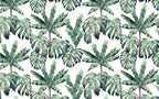 Monstera and Banana Leaf Wallpaper : Green Tropical Pattern on White Mural - flat design